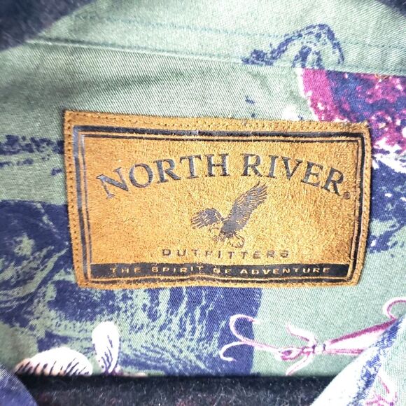 Men's The North River Green Button Up Long Sleeve Bass Fish Shirt Size Large - Picture 7 of 11